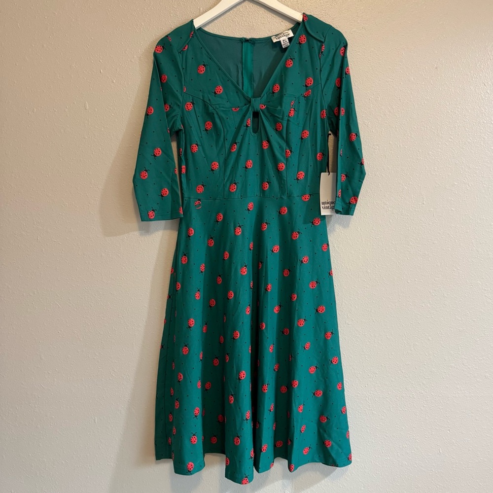 NWT Unique Vintage Rickabilly Pinup Teal Ladybug Keyhole Swing Dress Size M 🐞